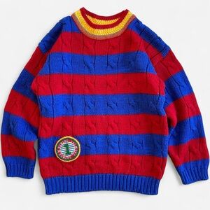 Vintage Bravo! 80s Primary Colors Red Blue Yellow Striped Chunky Knit Sweater